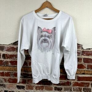 Vintage Dog Sweatshirt XL White Crewneck Yorkshire Terrier Yorkie Cute USA 90s